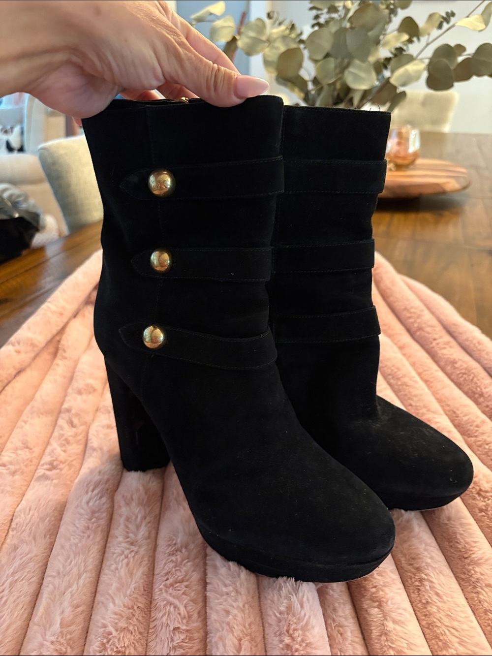 Michael Kors Black Suede Mid-Calf Heeled Boots with Gold Button Accents